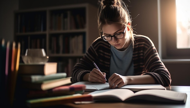 Foto gratuita simpatico libro di lettura da studentessa circondato dalla saggezza generata dall'intelligenza artificiale