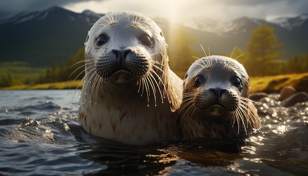 かわいいアザラシの家族は、人工知能によって生成された北極の海で遊び心いっぱいの静かな夏を楽しんでいます