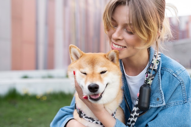 Cute shiba inu pet with family