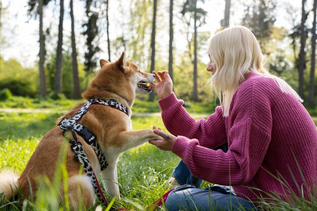 Cute shiba inu pet with family