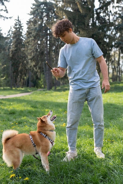 Cute shiba inu pet with family