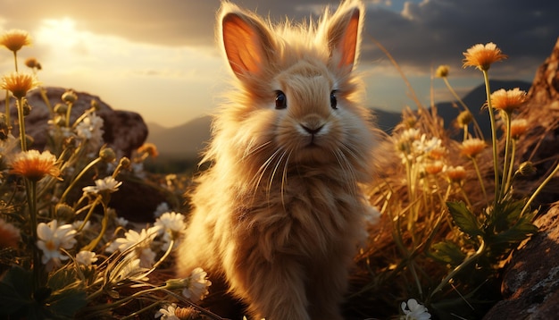 無料写真 人工知能によって生成された草の中に座っているかわいい小さなふわふわウサギ