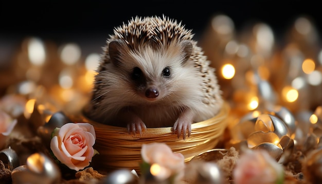 Free photo cute small hedgehog fluffy fur looking at camera with alertness generated by artificial intelligence