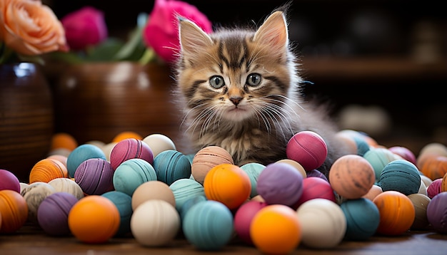 Free photo cute small kitten playing with a toy ball outdoors generated by artificial intelligence