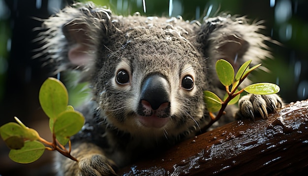 Бесплатное фото Милая маленькая коала сидит на ветке и смотрит в камеру, созданную искусственным интеллектом