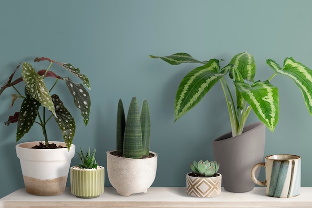 Free photo cute small plants on a shelf