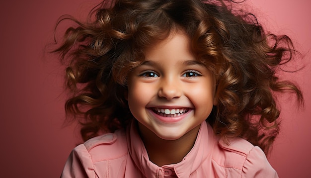 Cute smiling child with curly hair looking at camera happily generated by artificial intelligence