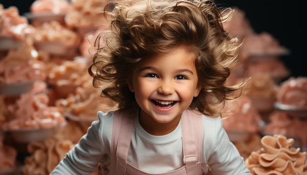 Милая улыбающаяся девушка наслаждается приготовлением пищи на открытом воздухе с семьей, созданной искусственным интеллектом.