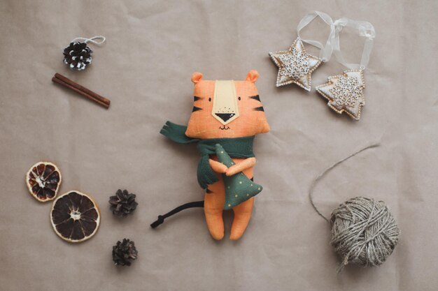Cute soft toy tiger  symbol of  oriental calendar concept