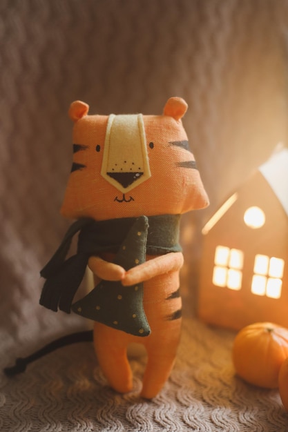 Cute soft toy tiger  symbol of  oriental calendar concept