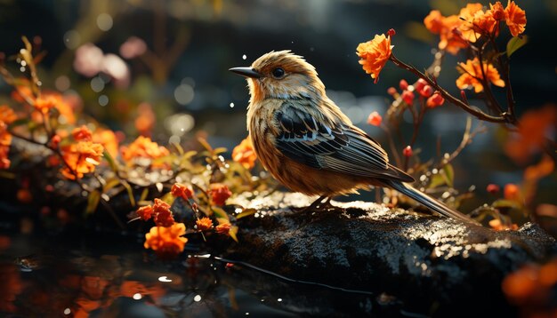 A cute sparrow perching on a branch in autumn forest generated by artificial intelligence