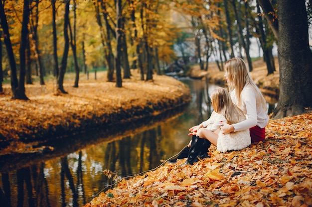 秋の公園でかわいい、スタイリッシュな家族