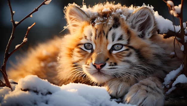 인공 지능에 의해 생성된 눈 덮인 숲에서 카메라를 보고 있는 귀여운 호랑이 새끼 고양이