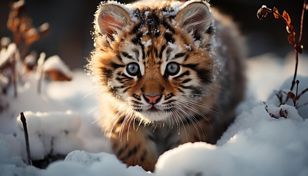 人工知能が生成した雪の森でふざけて見つめるかわいいトラの子猫