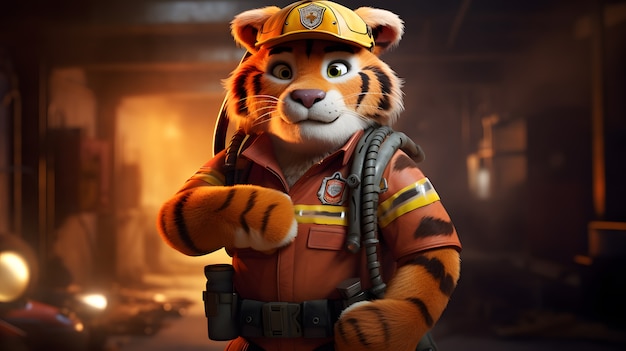 Cute tiger wearing firefighter outfit