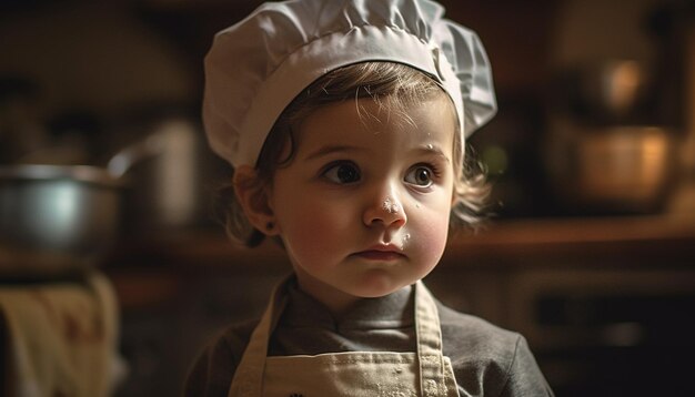 AIによって生成された家族と一緒に料理を学ぶかわいい幼児の男の子