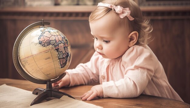 AI によって生成された喜びで世界地図を探索するかわいい幼児