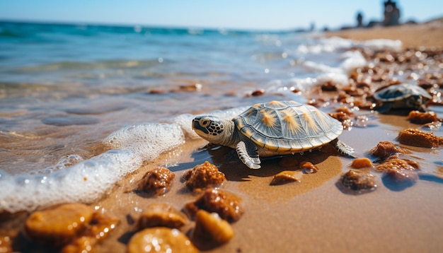 Cute turtle crawling on sandy beach enjoying summer generated by artificial intelligence