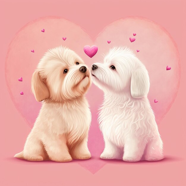 Cute valentines day card with cartoon pug dogs kissing characters generative ai