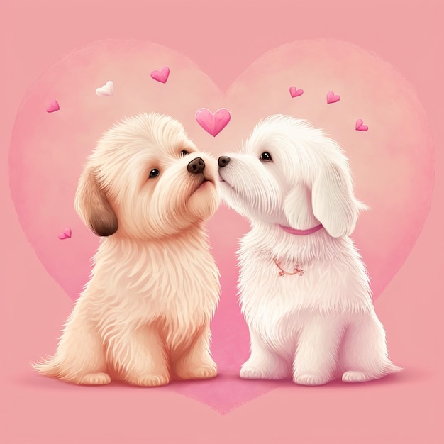 Foto gratuita simpatica carta di san valentino con cani del carlino dei cartoni animati che baciano i personaggi generativi ai