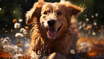 Free photo cute wet puppy playing in the grass joyful and cheerful generated by artificial intellingence