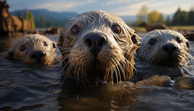 Cute wet puppy playing with two small labradors by the water generated by artificial intelligence