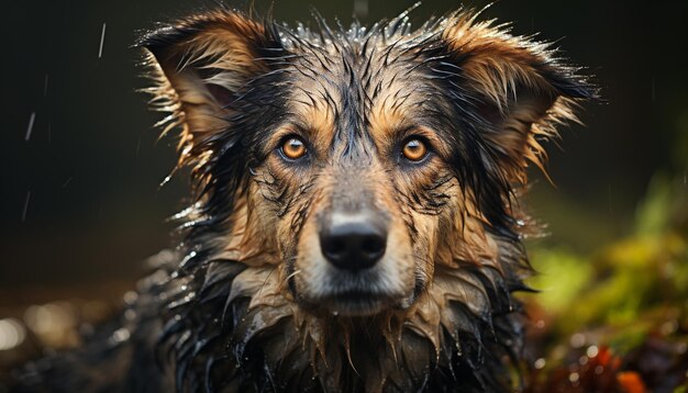 人工知能によって生成された忠実なカメラを見て草の中に座っているかわいい濡れた子犬