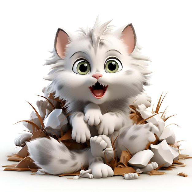 Free photo cute white cat sitting in a nest of dry grass white background