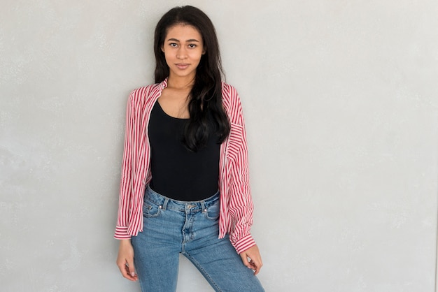 Free photo cute woman in denim and shirt