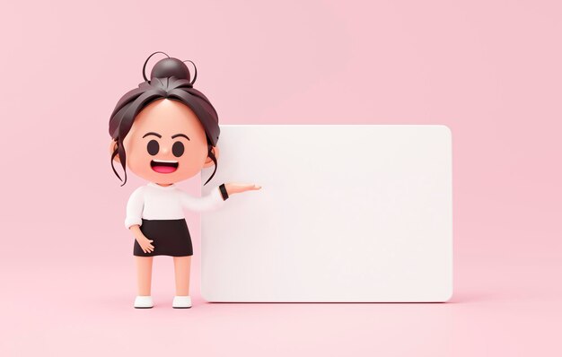 Cute woman showing hands gesture empty white banner business woman concept on pink background 3d rendering