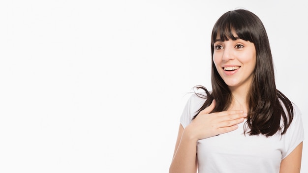 Cute woman with pleased face expression