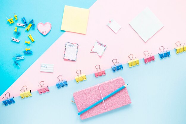 Cute workplace with colorful stationary