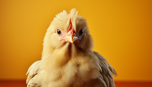 Foto gratuita un piccolo pollo giallo carino con piume soffici in una fattoria generata dall'intelligenza artificiale