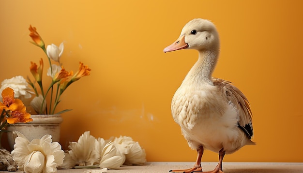 Free photo cute yellow duckling looking at small fluffy gosling outdoors generated by artificial intelligence