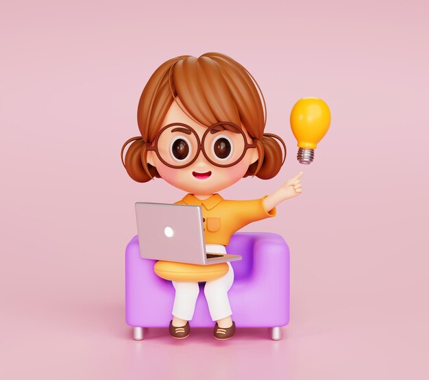 Симпатичная молодая деловая женщина, работающая с ноутбуком и имеющая отличную идею 3d иллюстрации мультипликационного персонажа