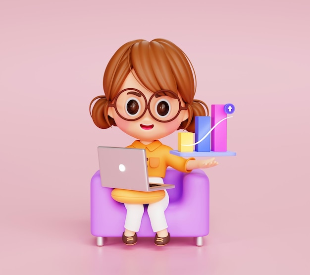 Free photo cute young businesswoman working with laptop view market analysis report 3d illustration cartoon character