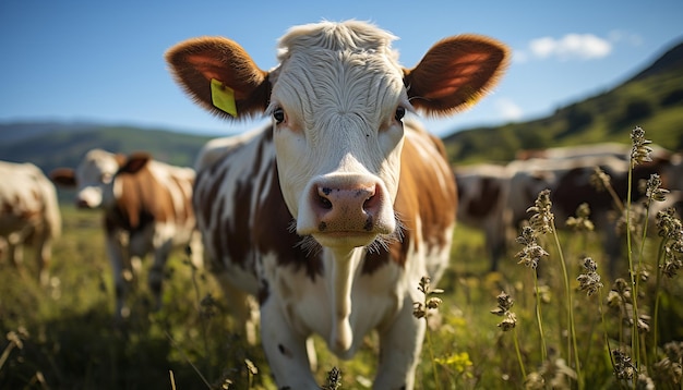 Free photo cute young calf grazing on green meadow under the sun generated by artificial intelligence