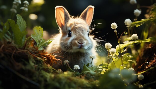 Cute young rabbit sitting in green grass enjoying springtime generated by artificial intelligence