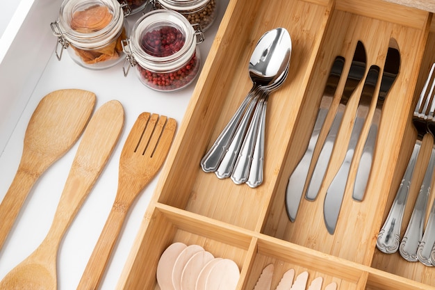 Cutlery and beans arrangement high angle