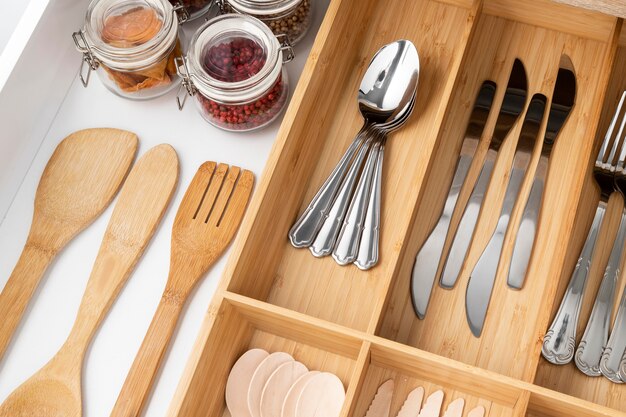 Cutlery and beans arrangement high angle