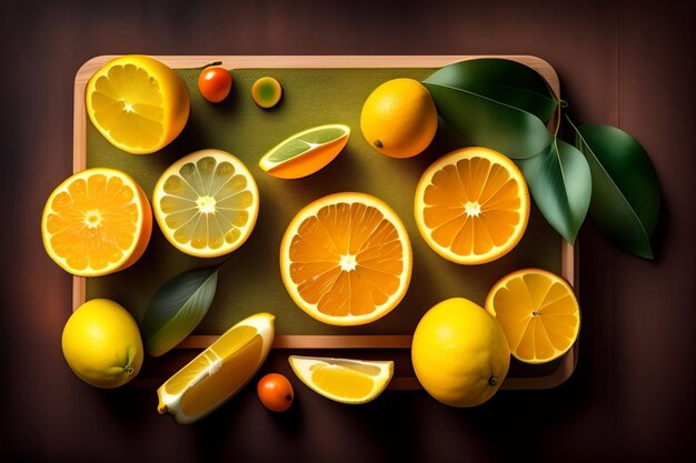 A cutting board with different citrus fruits on it