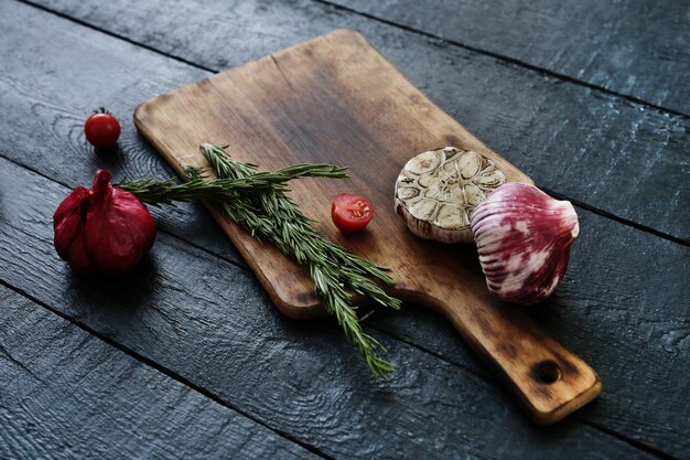 Cutting board with ingredients