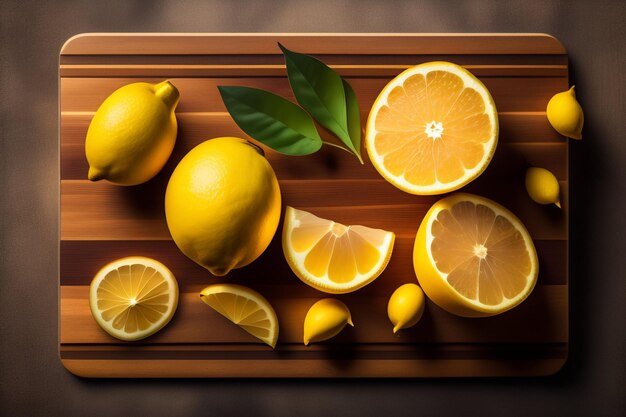 A cutting board with lemons and lemons on it