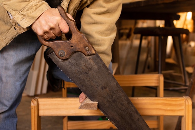Cutting wood close-up