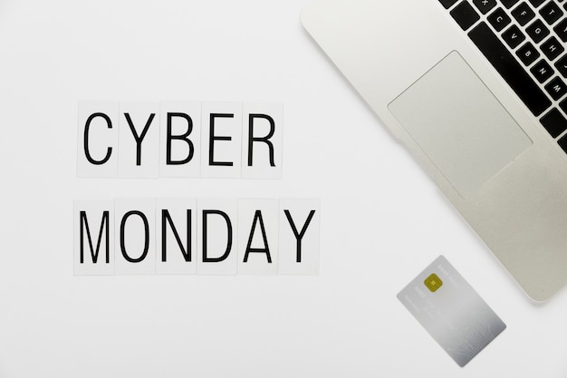 Free photo cyber monday desk concept with card