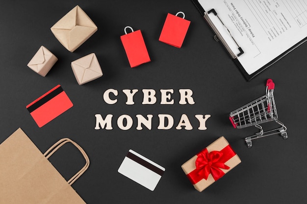 Cyber monday event sale elements on black background