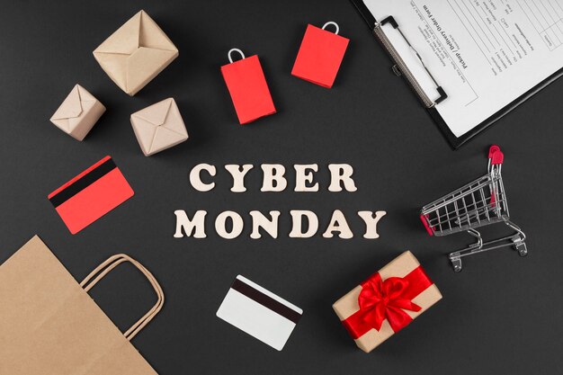 Cyber monday event sale elements on black background
