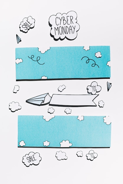 Free photo cyber monday offer on paper cloud with planes and blue sky