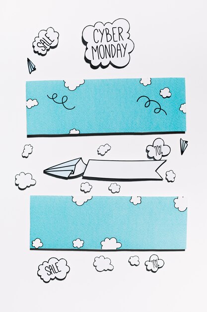 Cyber Monday offer on paper cloud with planes and blue sky