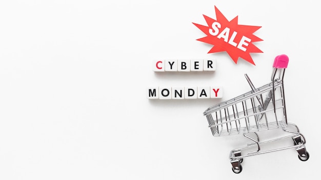 Cyber monday sale and shopping tray copy space
